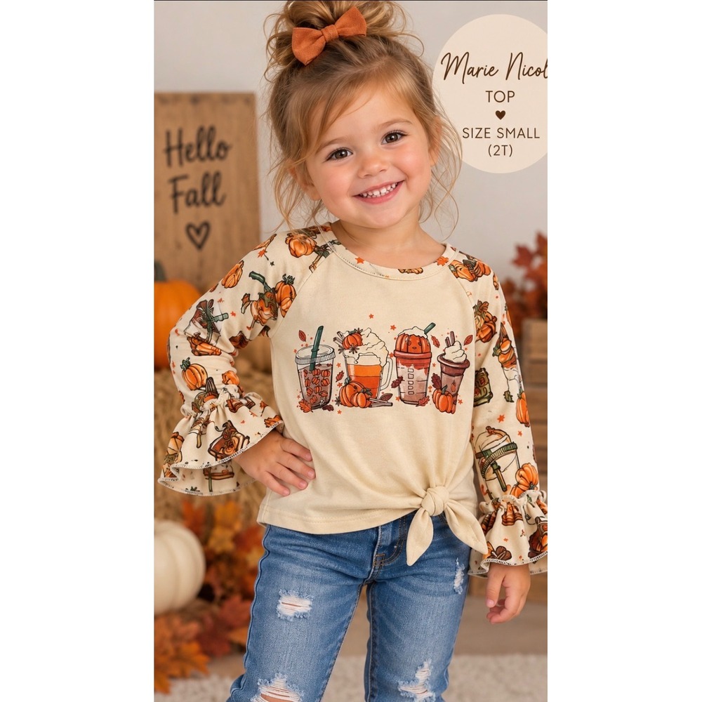 Marie Nicole Girls Pumpkin Spice Fall Ruffle Top Cream Size 2T Small